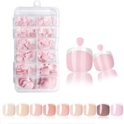 120pcs White French Press on Toenails Glossy Short Round Fal