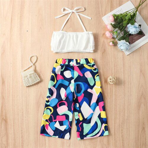 2025 Girls Summer Strappy Layered Tops Wide Leg Pants Set 20