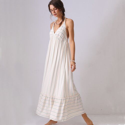 Erly French Strap Dress Bohemian tton Backless Striped Holid