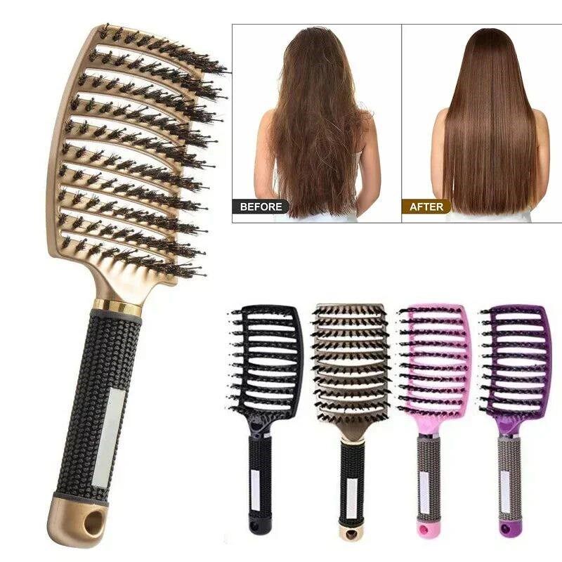 Hair Brush Scalp Massage Comb Hairbrush Boar Bristle Nylon W - 实物图