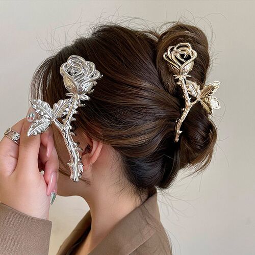 Ruoshui Woman Large Metal Rose Floral Leaf Hair Claw Crab La