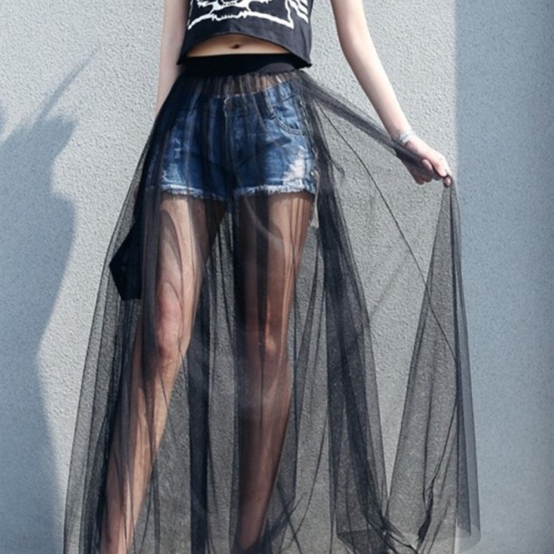 2023 Summer Long Lace Skirt Women Black White Mesh Voile Cas图片