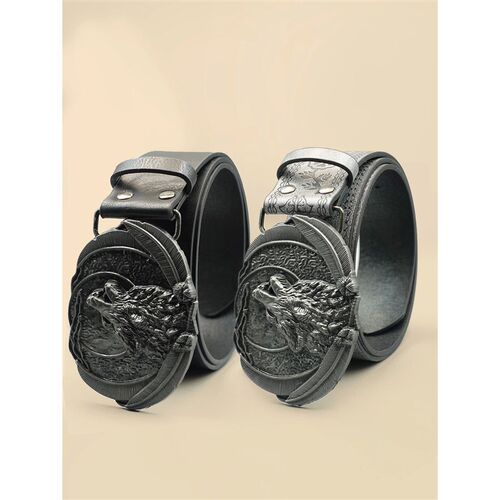 Men Vintage Western Wolf Buckle Sreetwear Casual Pu Leather