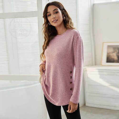 -Rui En autumn round neck womens casual simple button long-