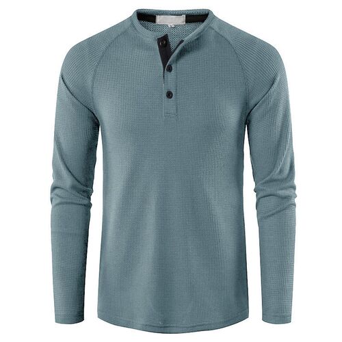 Mens Tshirts Henley Longsleeved Solid Color Tops for Autumn