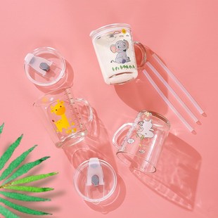 卡通玻璃杯吸管杯家用儿童牛奶早餐杯水杯创意带把刻度水杯把手杯