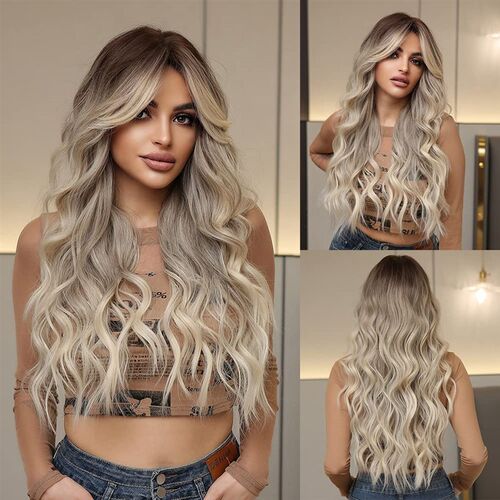 Long Grey Blonde Synthetic Wig for Women Ombre Blonde Wavy W