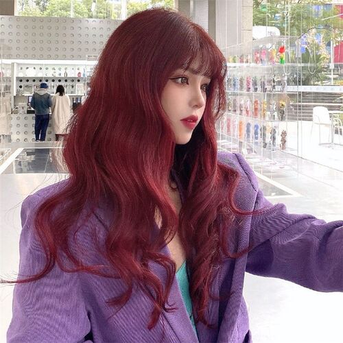 Long Wine Red Wavy Synthetic Full Head wig with Air Bangs