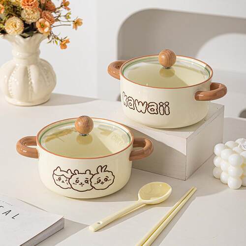 Double Handle Ceramic Cute Lidded Ramen Bowl College Dorm