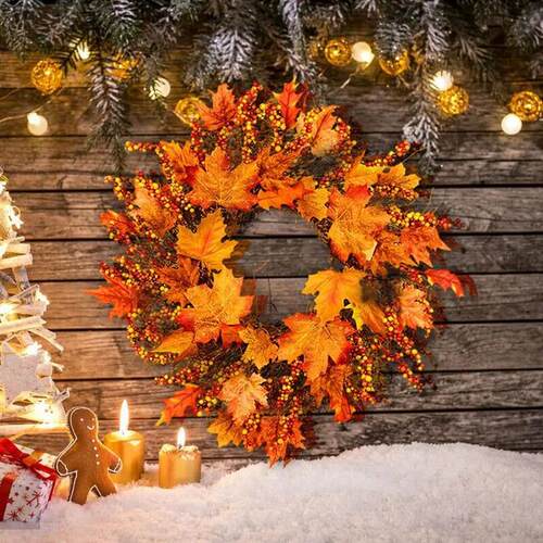 45CM Fall Door Pumpkin Wreath Autumn Color Maple Leaf Hallow