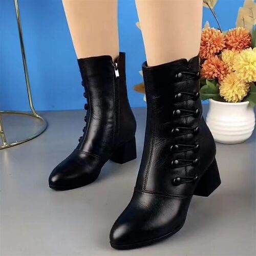 New 2023 Autumn Winter Leather High-heeled Small Short Boots