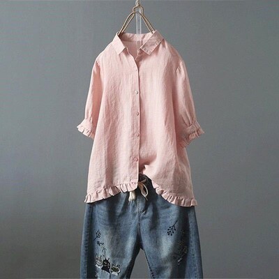 Short Sleeve Shirt Women 2025 Linen Casual One Button Ruffle