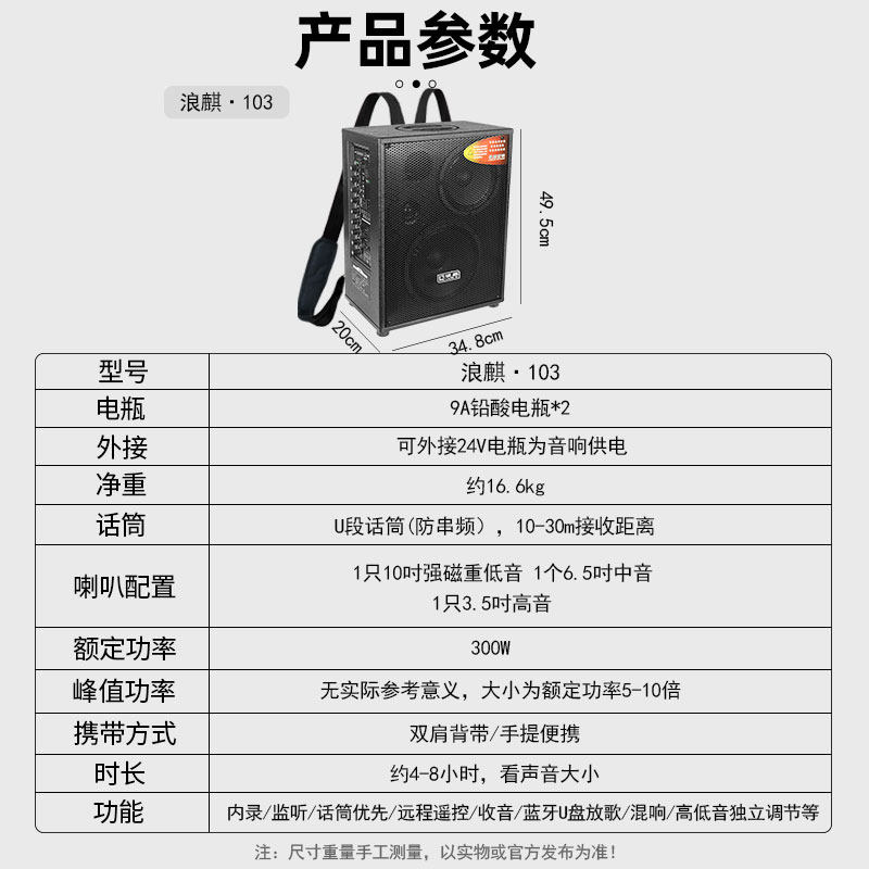 浪麒103户外背带便携式大功率音箱带无线话筒移动卖唱K歌演出音响
