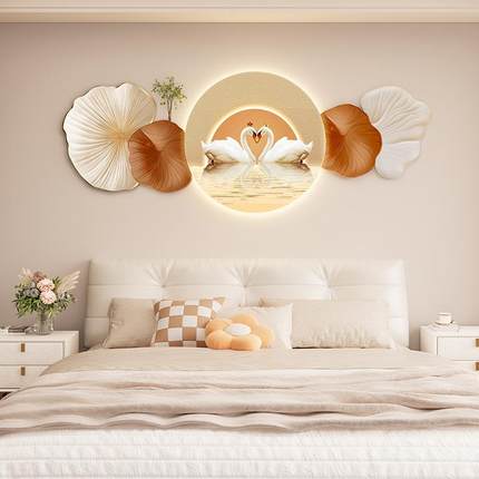 新款奶油风卧室床头LED发光装饰画壁画石来运转砂岩高级感墙挂画