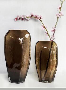 咖色 几何大号玻璃花瓶创意冰纹水培花器家居客厅样板间软装摆件