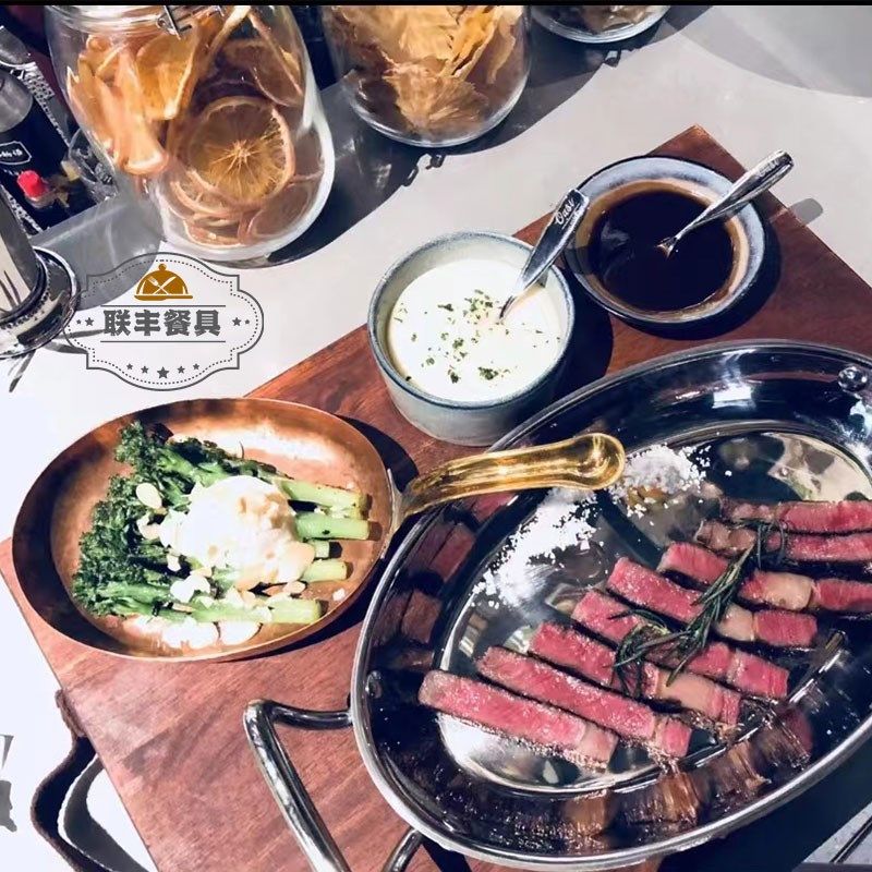 创意时尚餐厅紫铜单柄椭圆形锅酒店西餐厅配菜锅东南亚风格紫铜锅
