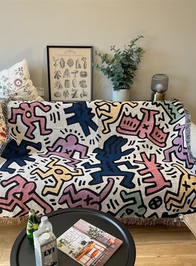涂鸦大师Keith haring凯斯哈林黑白款沙发毯装饰波普艺术装修毯