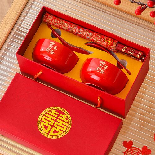 中式百年好合婚庆茶杯喜碗一对对碗套装结婚婚礼陪嫁碗筷用品女方