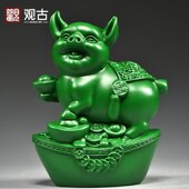 绿色实木质雕刻猪摆件三合十二生肖动物猪家居客厅装 饰红木工艺品