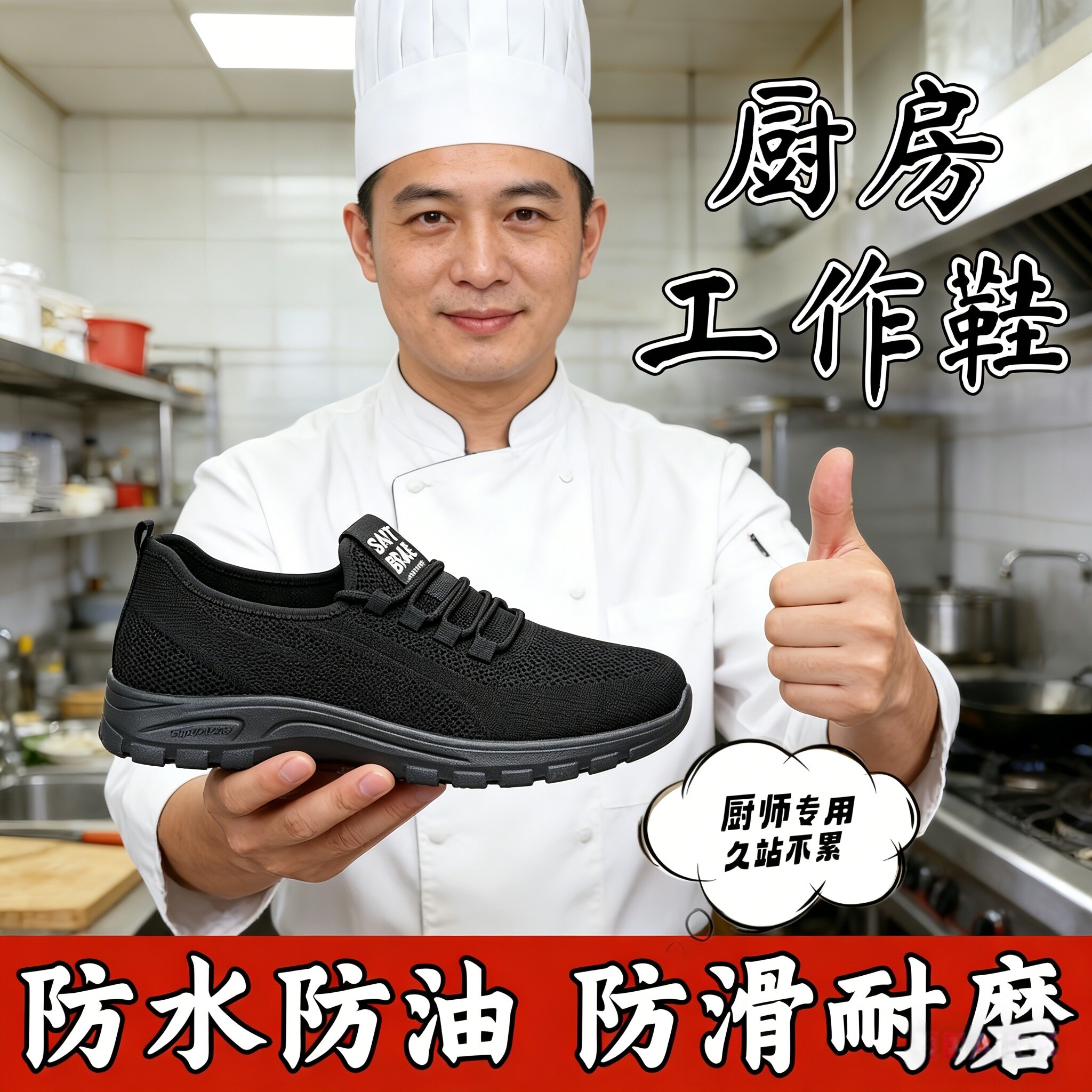 厨师鞋防滑防水透气厨房专用黑色工作鞋久站不累老北京布鞋男纯黑