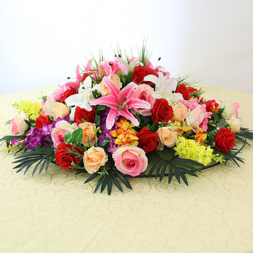 酒店餐桌转盘花大圆桌中间装饰花圆形假花餐厅电动桌摆花台花仿真