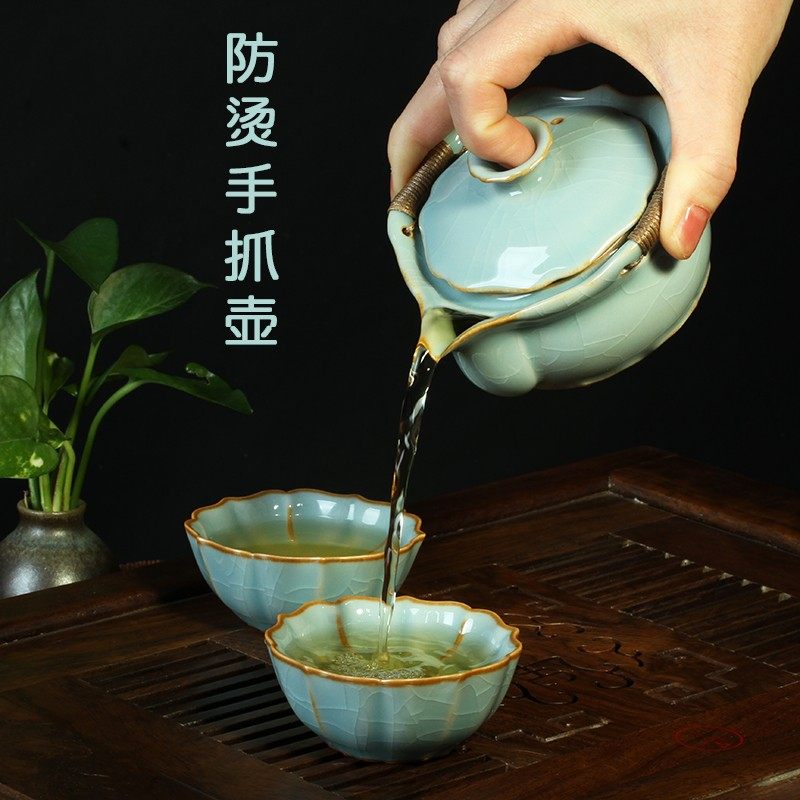 茶学堂水蓝釉鹰嘴大号手抓壶单壶盖碗茶具套组防烫手开片花瓣茶杯