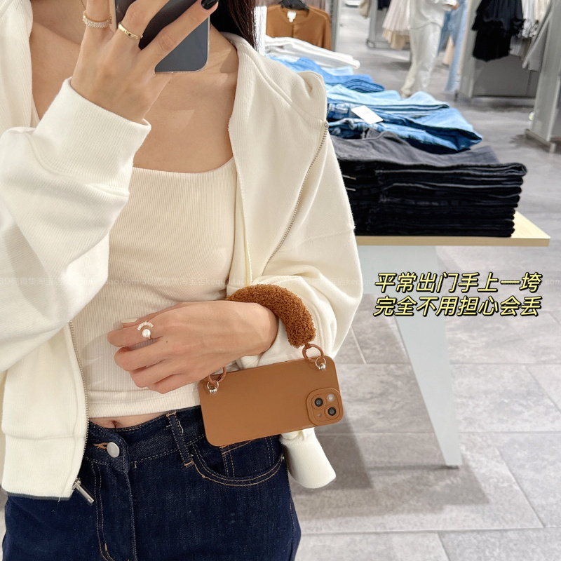 INS风毛茸茸手拎绳保护壳适用iPhone17Promax苹果15手机壳16Pro手提13全包14Promax女款11防摔12Pro简约硅胶