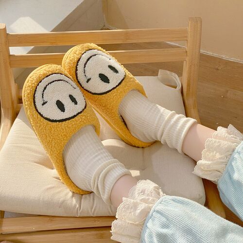 Smile Face Warm Winter House Fur Slippers for Women Cute Smi