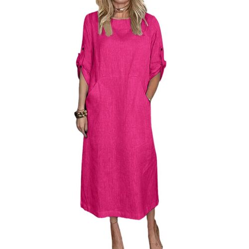 2025 Style Loose Casual Solid lor Short Sleeve tton Linen Dr