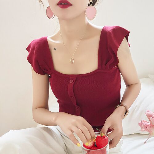 HELIAR Women Knitted Crop Top Women Button Up Summer Purple