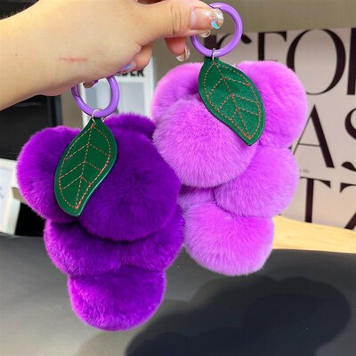 Rex Rabbit Fur Grape Charm Cute Plush Keychain Bag Hanger Po