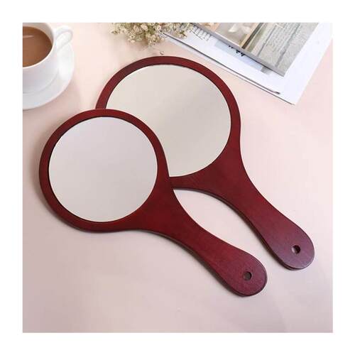 Round Wood Vintage Hand Mirror Makeup Vanity Mirror Portable