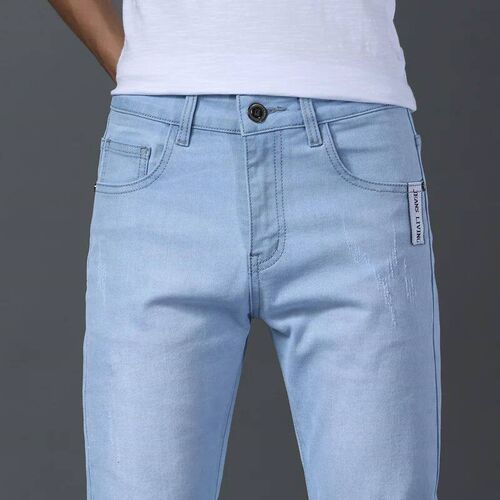 Men Business Casual Straight Narrow Leg Jeans Light Blue