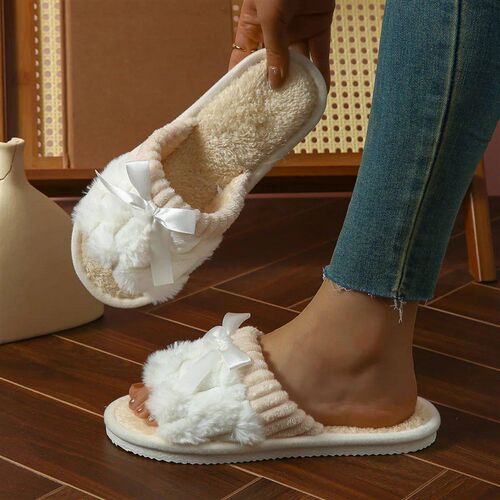 New Bow Decorative Plush Slippers For Women Autumn Winter Wa