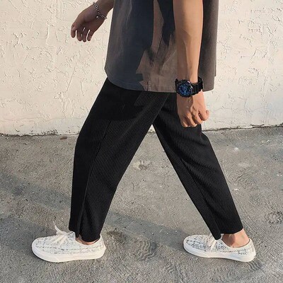 Pleated Straight Pants Mens Elastic Waist Casual Pants Men
