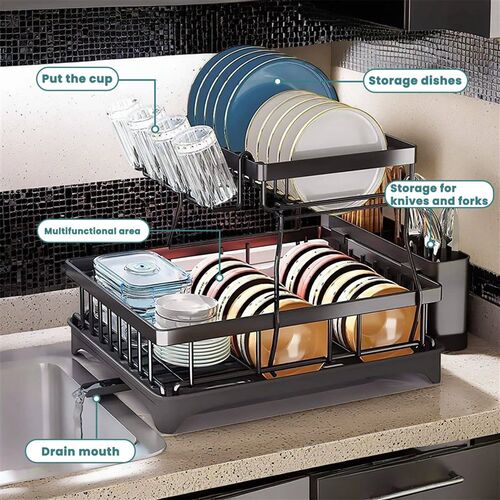 Large 2-tier dish drying rack for kitchen counterops, remova