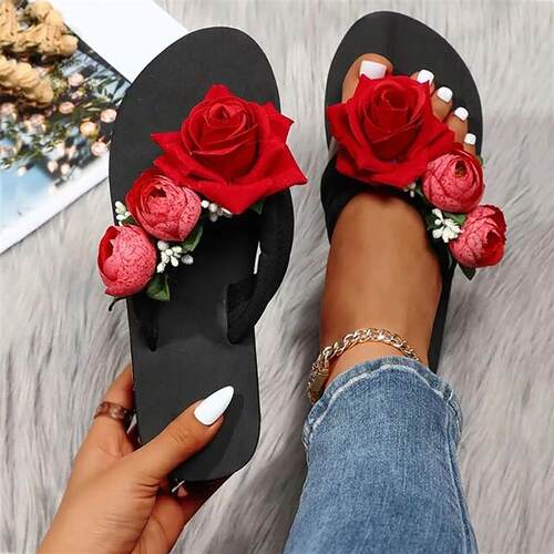 Slippers For Women Ladies Summer Flip Flops Open Toe Flowers