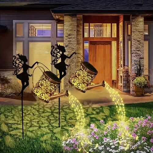 Solar Fairy Watering Can Lights Vintage Metal Garden Decor O
