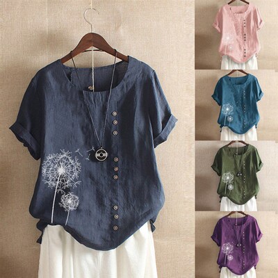 spring Fashion Linen Dandelion Print Blouse Casual Button Lo