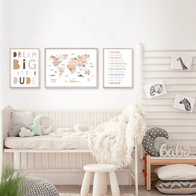 World Map  Painting Pastel Animal Theme Educational Wall Art