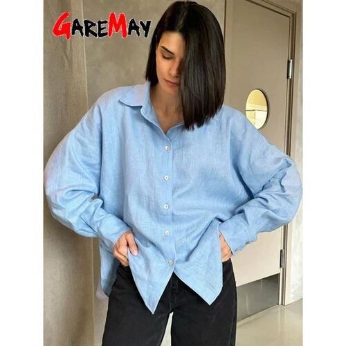 White Womens Linen Shirt Long Sleeve Elegant Pink Oversize