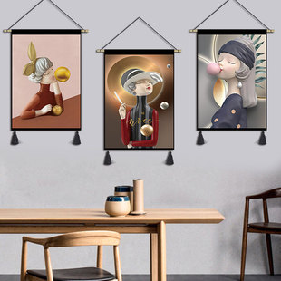 卡通女孩挂画布艺卧室客厅装 饰画宿舍儿童房挂毯电表箱遮挡挂布画