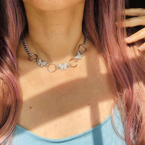 ins full diamond butterfly lasso metal ring collarbone neckl