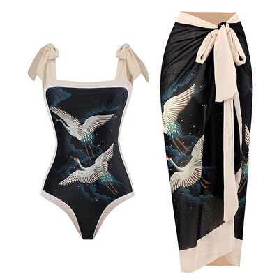 Retro Print Swimsuits for Women Conservative Onepiece with C