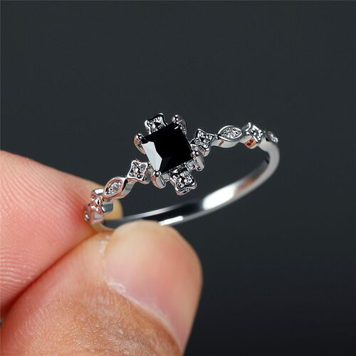 Vintage Male Female Black Zircon Ring Square Crystal Small S