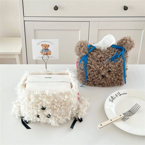 Nordic Style Plush Cartoon Dog Shape Napkin Boxes Solid Colo
