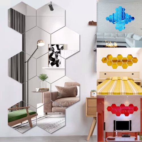 12pcs 3D Mirror Wall Sticker Hexagon Decal Home Decor DIY Se