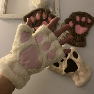 Cute Fluffy Cat Paw Claw Fingerless Gloves Plush Fingerless