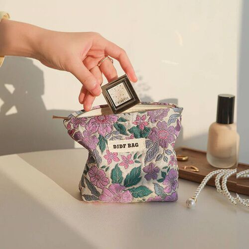 Womens Cosmetic Bag Small Vintage Purple Flowers Cosmetics