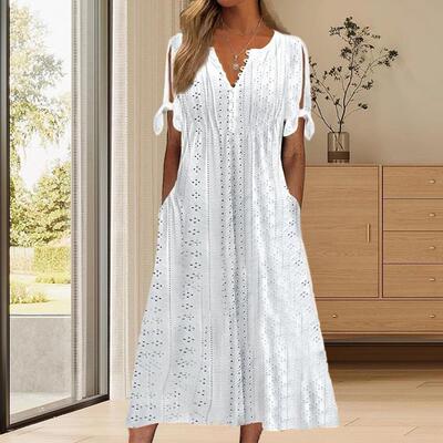 Women Summer Dress Solid Color Hollow Out Short Sleeves V
